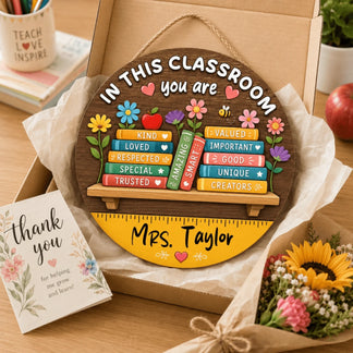 Wooden classroom door sign personalized for Mrs Taylor featuring inspirational book messages a thoughtful end of year teacher gift