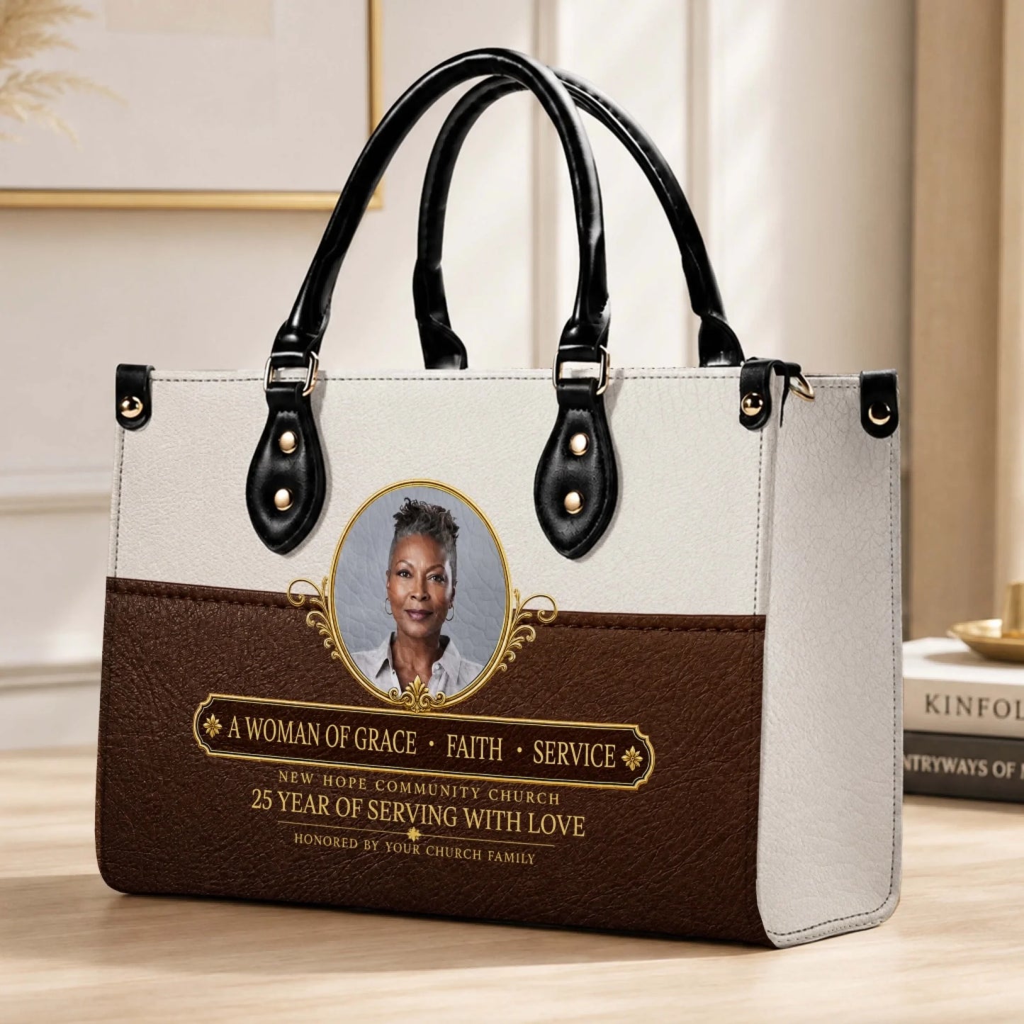 Elegant custom leather handbag honoring 25 years of service with a personalized photo and church family tribute.