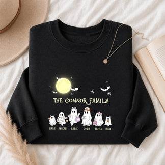 A black personalized Halloween sweatshirt featuring a custom ghost family illustration and printed family names.