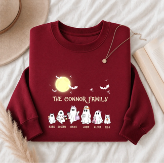 A dark red personalized Halloween sweatshirt with a custom ghost family design and names printed on the chest.