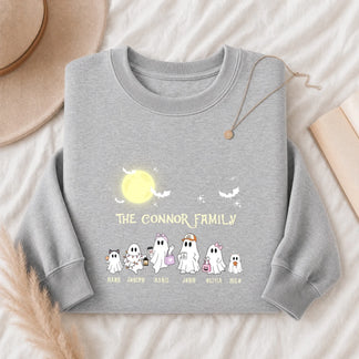A grey personalized Halloween sweatshirt featuring a custom ghost family design with printed family member names.