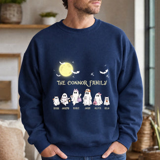 Custom Halloween ghost family sweatshirt featuring personalized names for mom dad and kids in a cozy crewneck style.