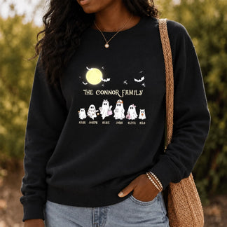 Custom family halloween ghost sweatshirt featuring six adorable ghost characters with personalized names and festive accessories.