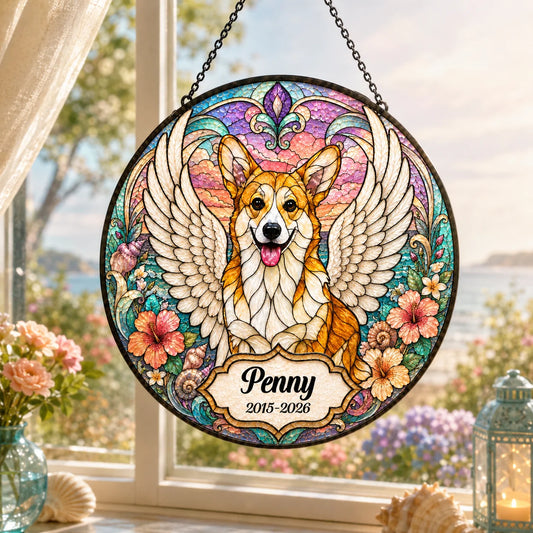 Personalized dog memorial acrylic suncatcher featuring a corgi with angel wings, custom name Penny, and years 2015-2026.