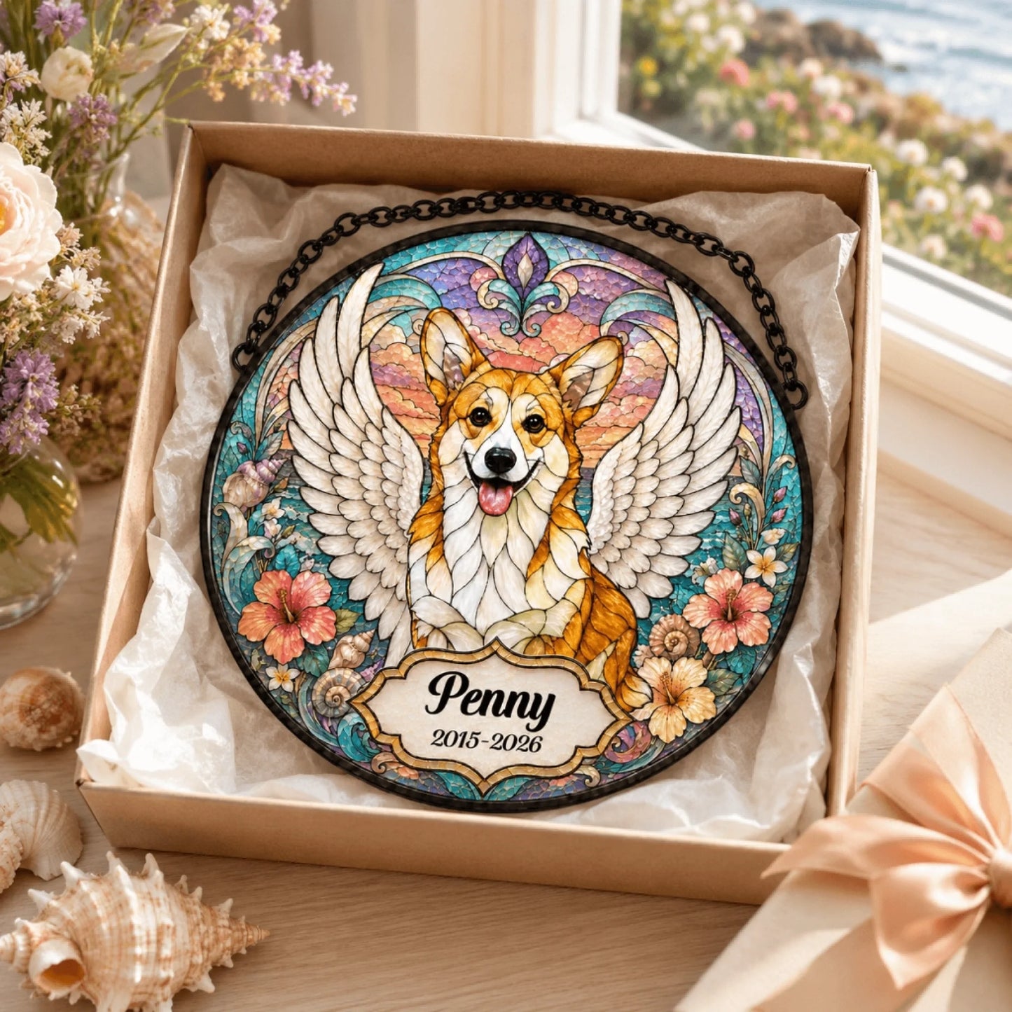 Personalized corgi dog memorial acrylic suncatcher with angel wings design in a gift box, customized with name Penny.