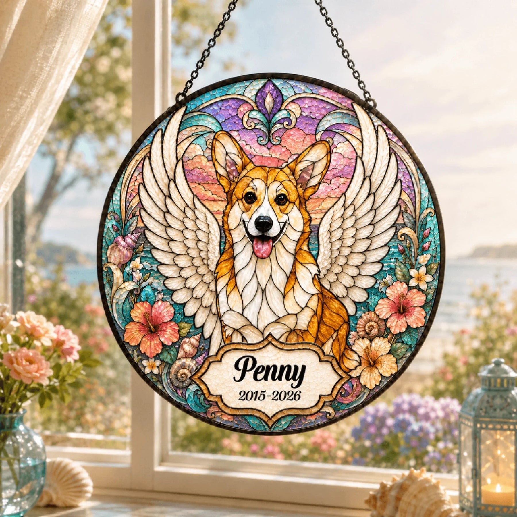 Personalized stained glass suncatcher featuring a winged corgi with name and memorial dates for pet loss sympathy gift.