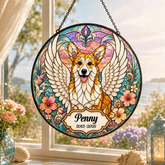 Personalized stained glass suncatcher featuring a winged corgi with name and memorial dates for pet loss sympathy gift.