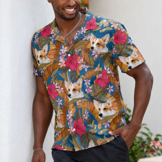 A man wearing a custom Hawaiian shirt featuring a personalized corgi face pattern with tropical flowers and palm leaves.