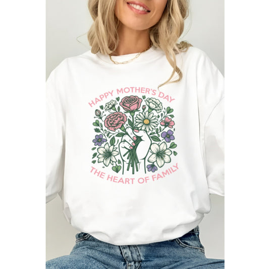 White sweatshirt with floral design and text on a plain background