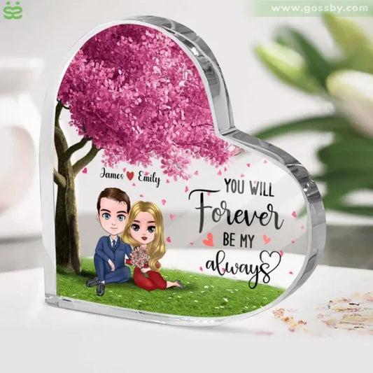 Personalized couple acrylic heart plaque with pink tree and cartoon couple romantic design front view - Jollimate