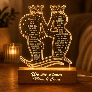 Custom acrylic LED night light for couples featuring romantic quotes and the names Adam and Caura for anniversary gifts.