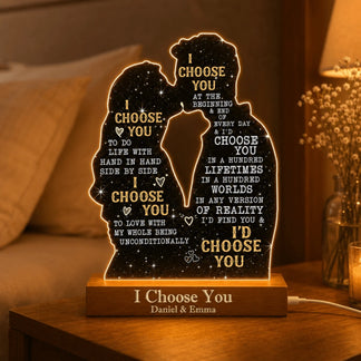 Custom acrylic LED night light for couples featuring romantic I Choose You quotes and custom names for anniversaries.