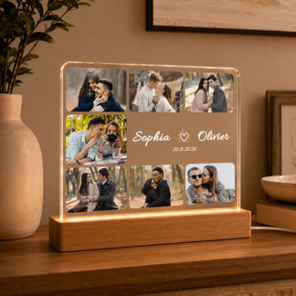 Custom LED acrylic photo plaque with wooden base featuring romantic couple photos and personalized names for anniversaries.