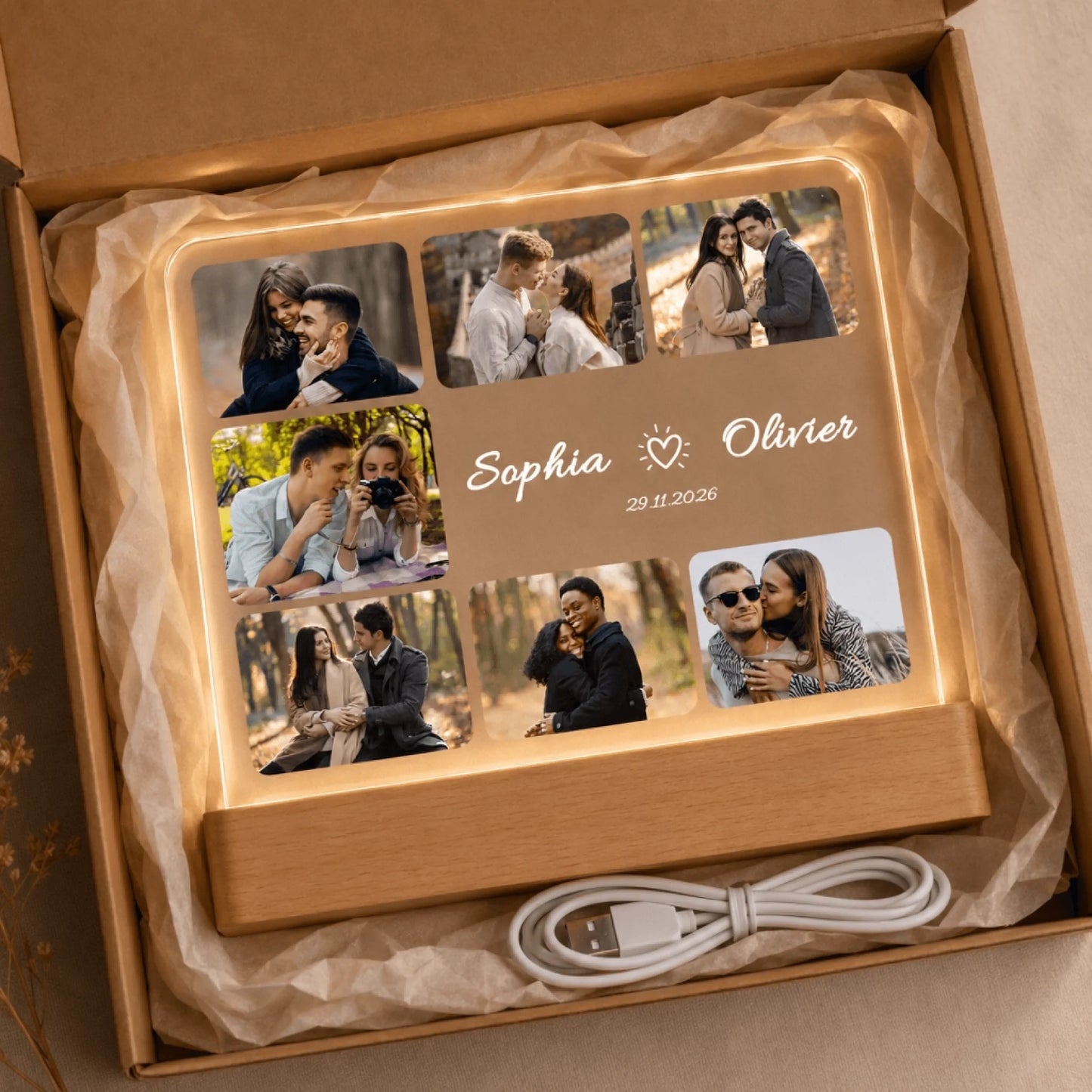 Personalized acrylic LED night light gift featuring a seven photo collage and names in a shipping box with USB cable.