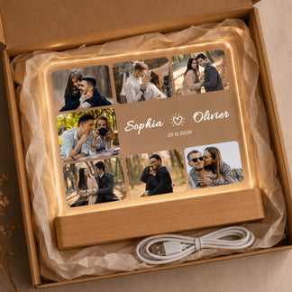Personalized acrylic LED night light gift featuring a seven photo collage and names in a shipping box with USB cable.
