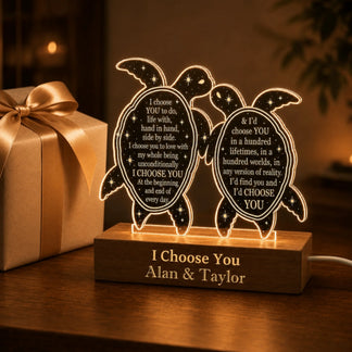 Personalized turtle LED night light for couples, showcased with a gift box for a thoughtful romantic anniversary gift.