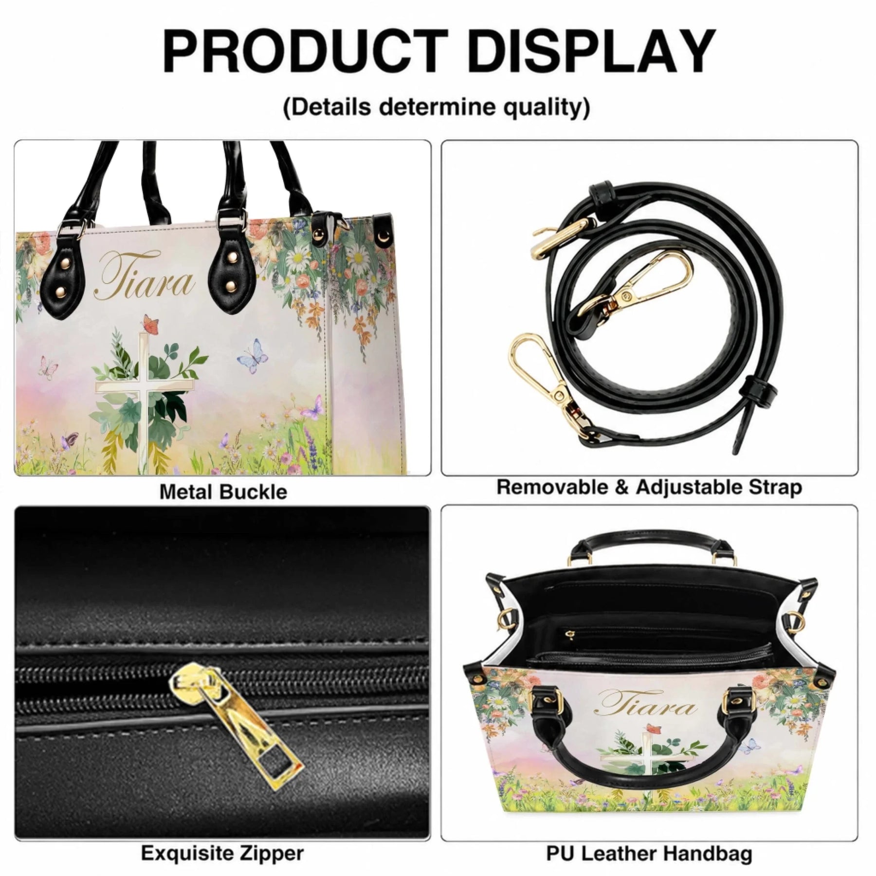 Product display showing the metal buckle, adjustable strap, zipper, and interior of a personalized floral cross PU leather handbag.