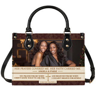 Custom photo leather tote bag featuring a heart felt memorial quote for a best friend or sister gift