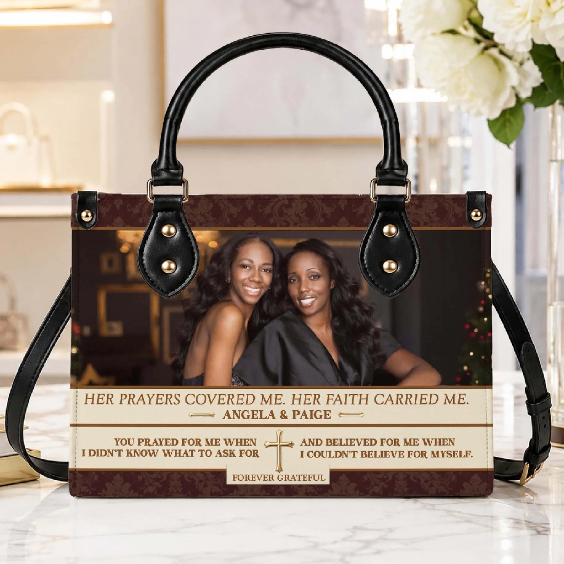 Personalized custom photo handbag featuring a religious memorial quote, perfect as a sentimental gift for a loved one.