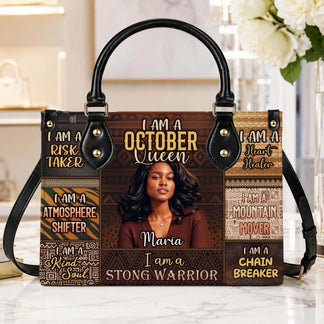 Stylish custom photo handbag with October Queen design and inspirational quotes, a thoughtful gift for any woman.