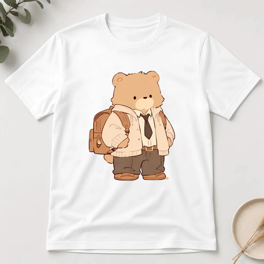 White t-shirt with a cartoon bear design wearing a backpack and suit on a light gray background.