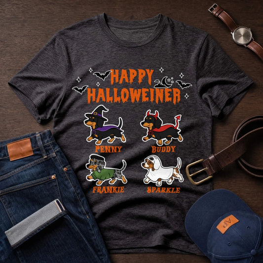 Personalized Halloween t-shirt featuring four cute dachshunds in costumes with custom names for pet lovers and owners.