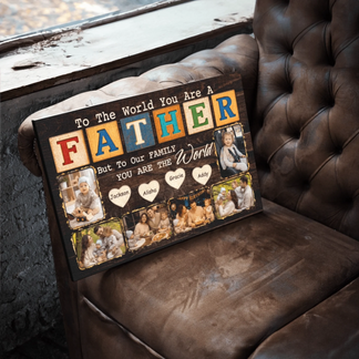 Personalized photo collage of a father and his family on a wooden plaque, placed on a brown leather couch.