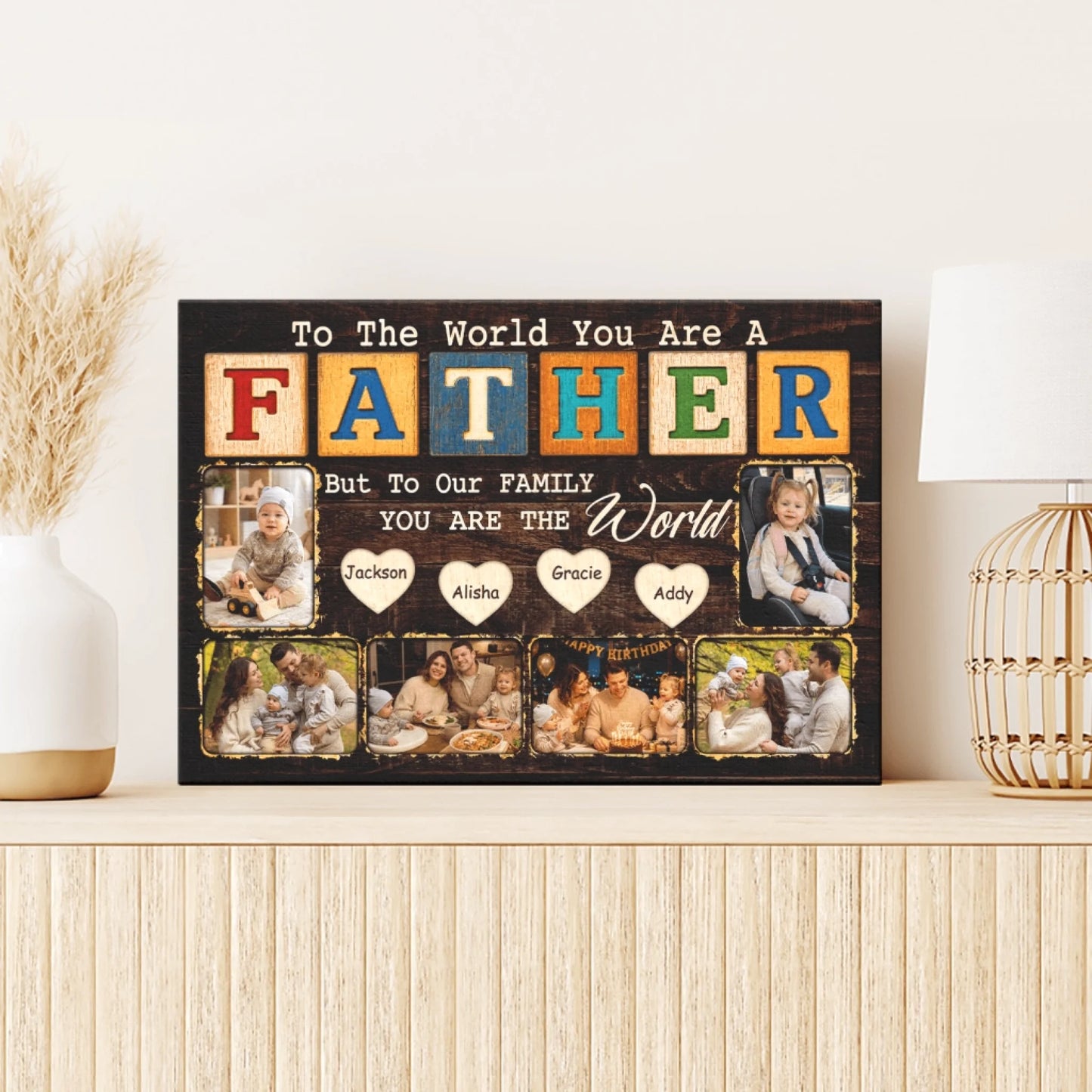 Decorative wall art with family photos and text on a wooden surface.
