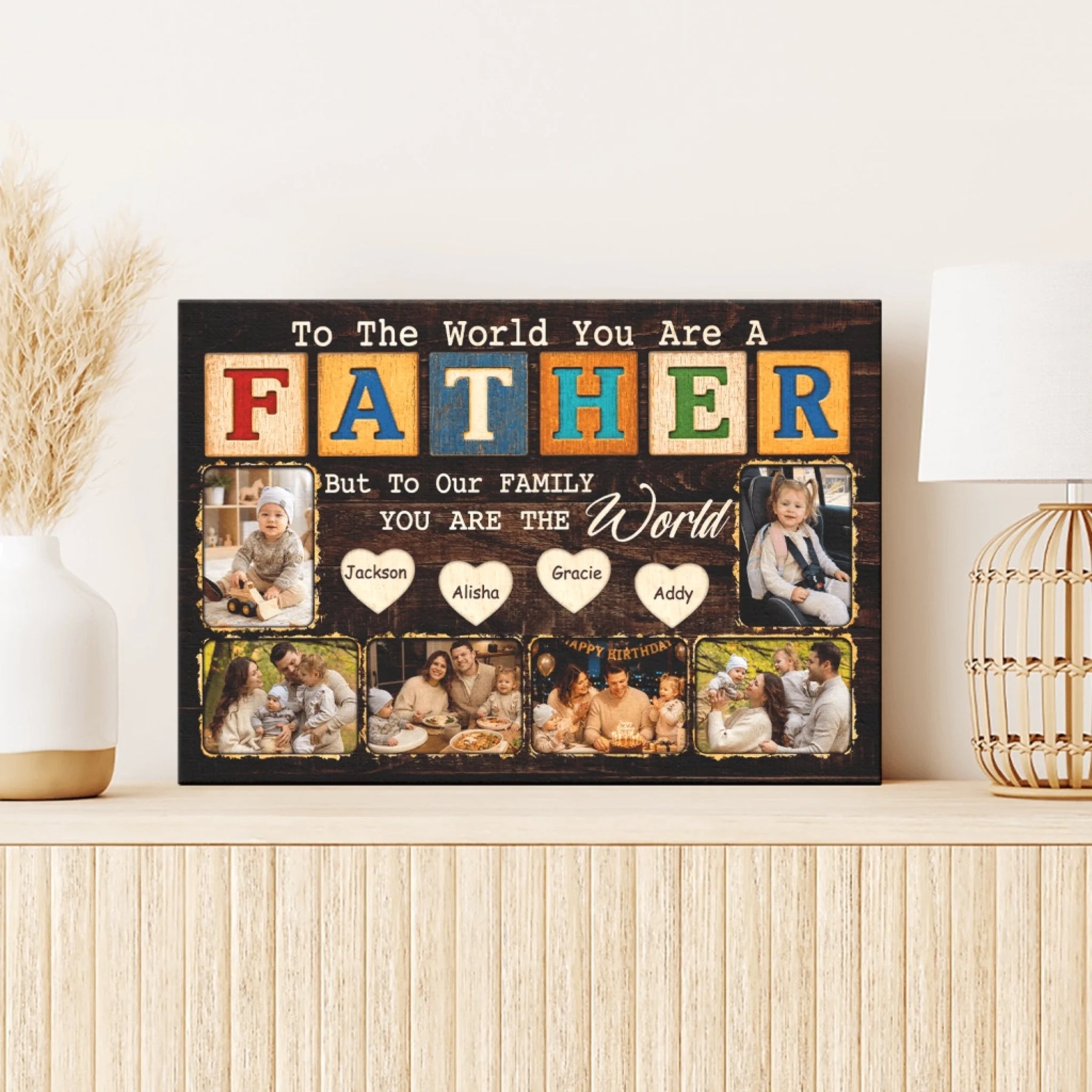 Decorative wall art with family photos and text on a wooden surface.