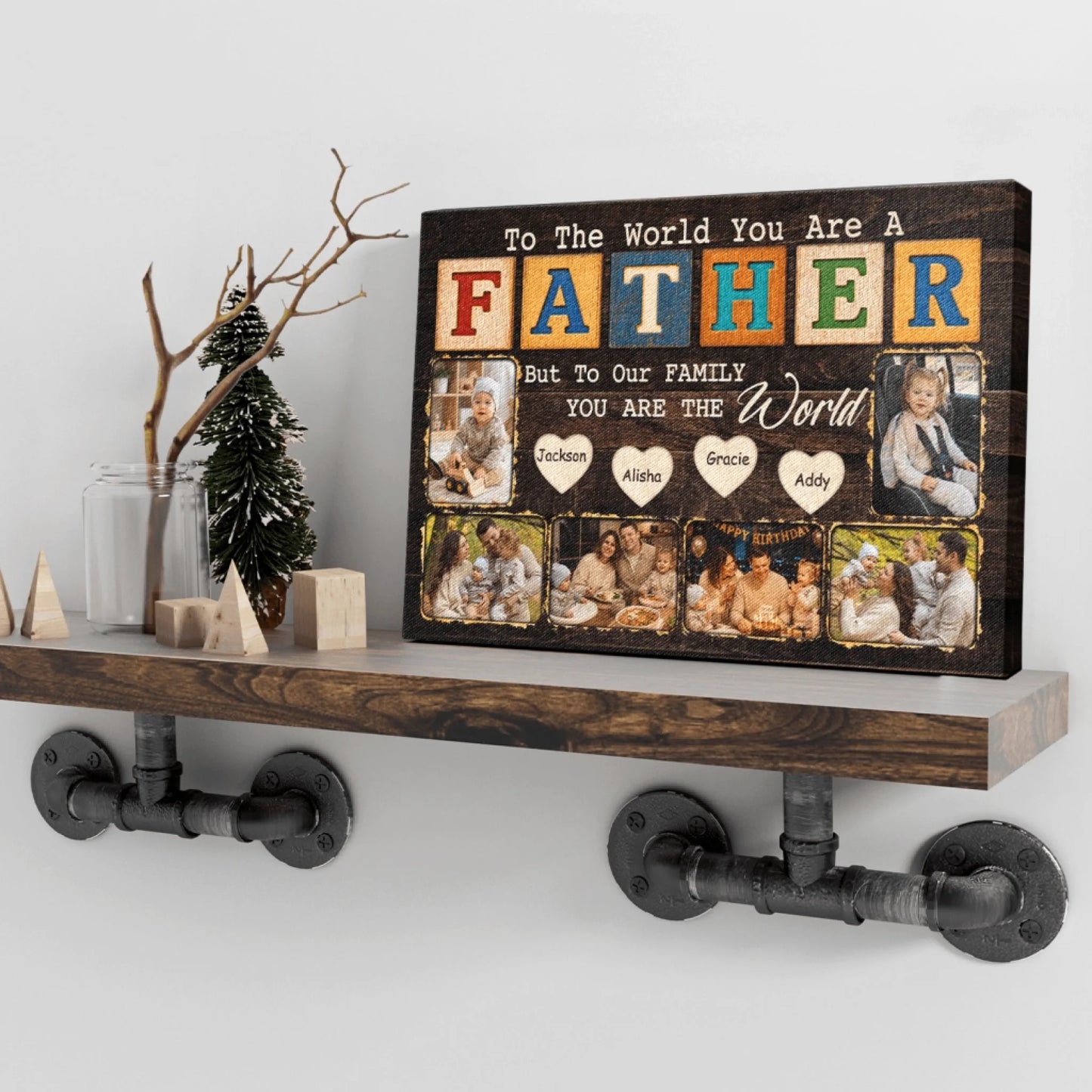 Decorative wall art with family photos and text on a wooden shelf.
