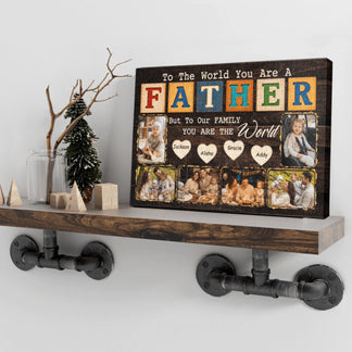 Decorative wall art with family photos and text on a wooden shelf.