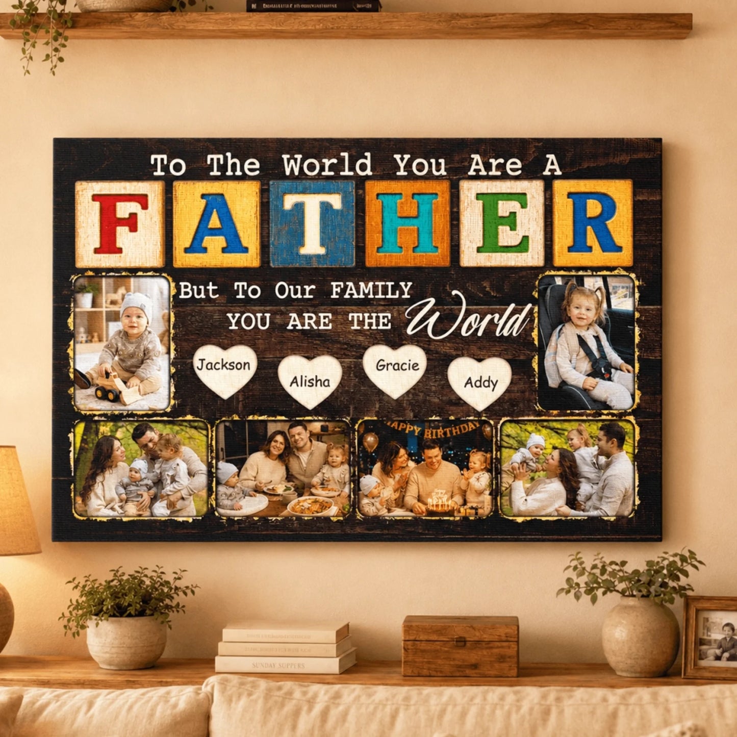 Decorative wall art with family photos and text on a wooden frame.