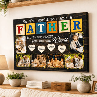 Decorative wall art for Father's Day with family photos and text on a wooden frame.