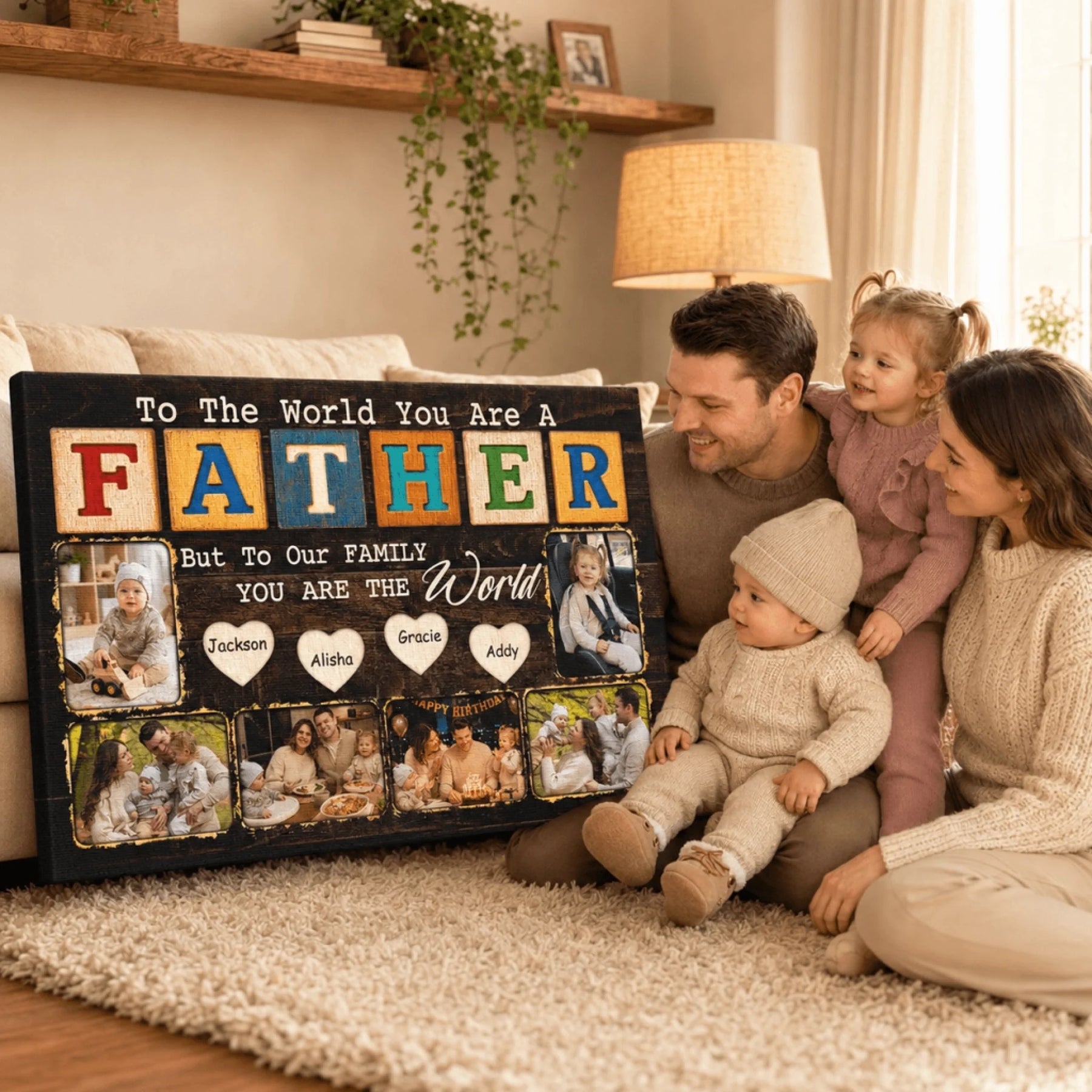 Family sitting on a carpeted floor with a large decorative sign that reads 'To The World You Are A Father, But To Our Family You Are The World'.