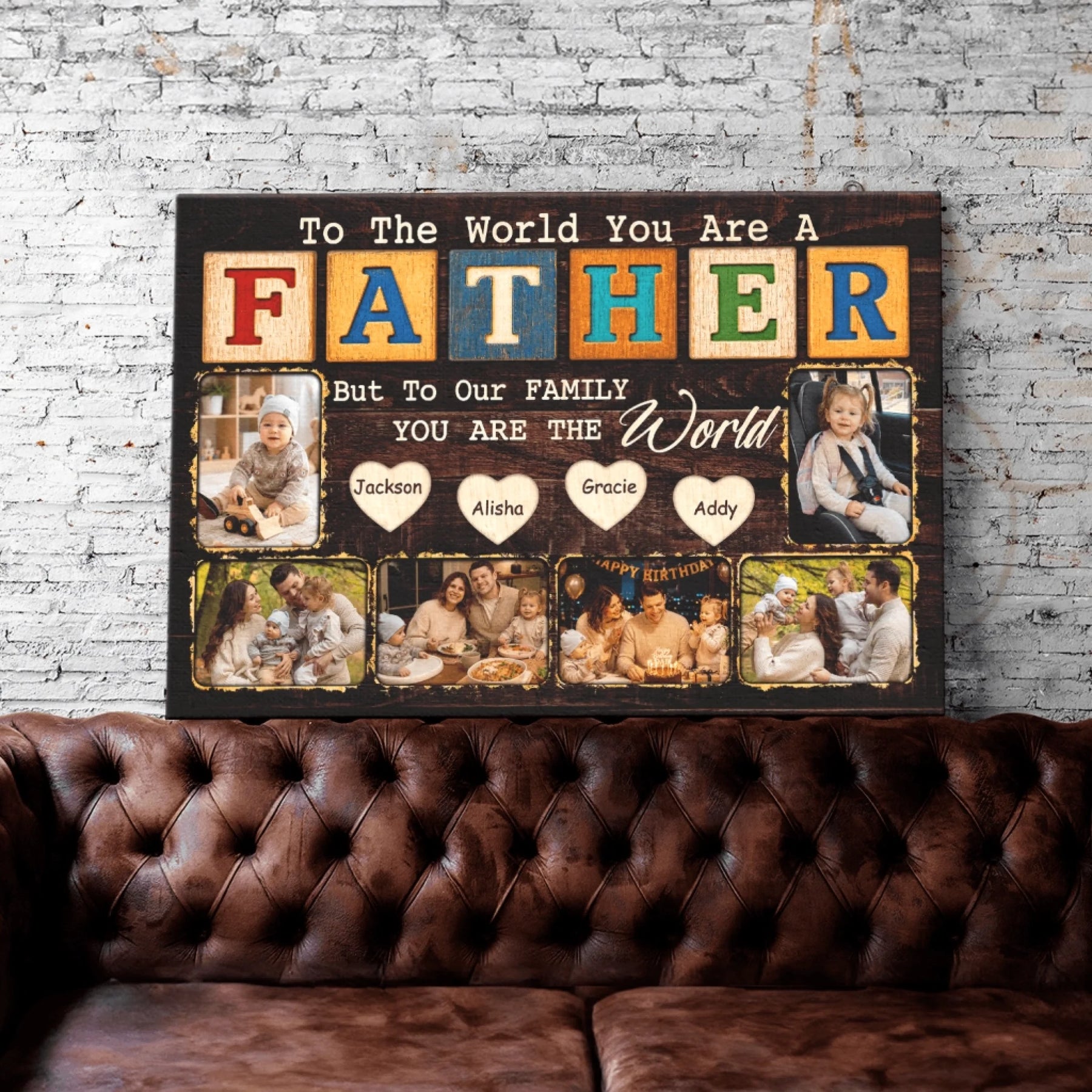 Decorative wall art with family photos and text on a brick wall background