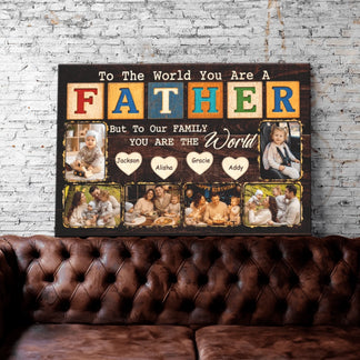 Decorative wall art with family photos and text on a brick wall background