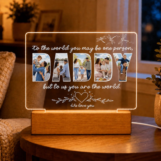 Custom acrylic night light with Daddy letter photo collage and quote for Father's Day or birthday gift for dad.