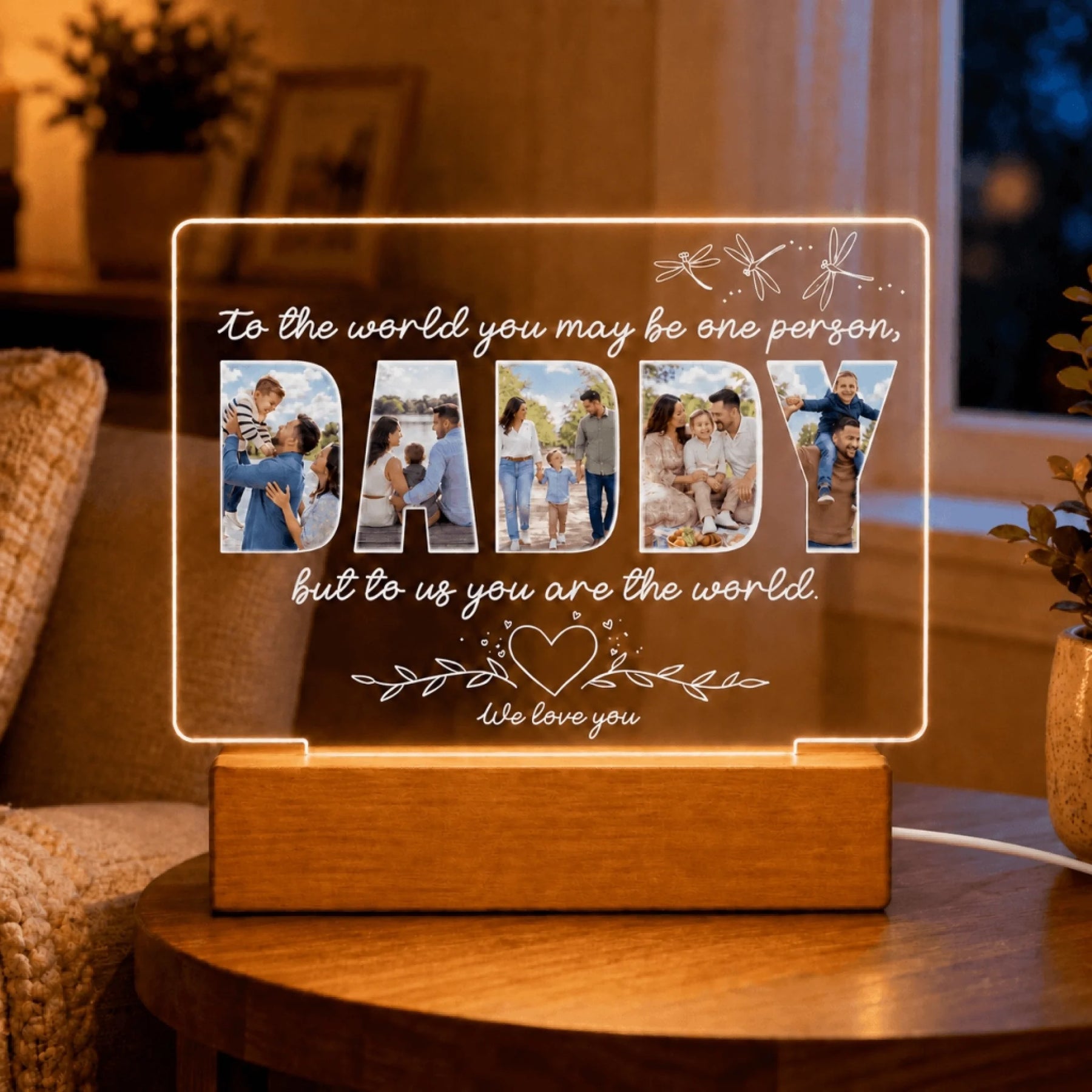 Custom Daddy letter photo collage acrylic night light with heartfelt quote for home decor or dad gift.