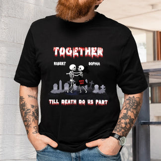 A black personalized t shirt showcasing dancing skeletons with custom names Robert and Sophia, ideal for anniversaries or gothic couple gifts.