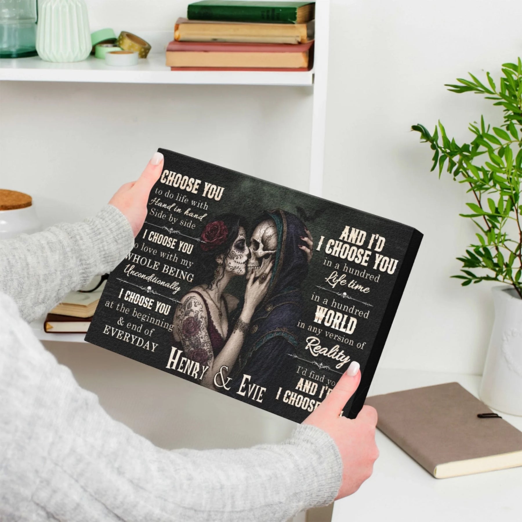 Personalized couple canvas featuring sugar skull artwork with custom Henry and Evie names for gothic anniversary gifts