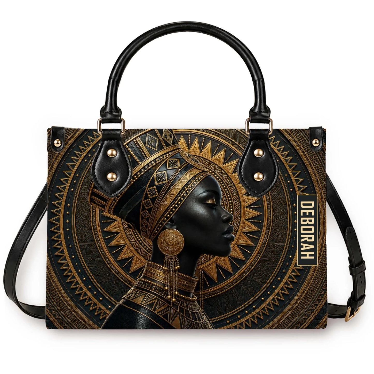 A premium personalized tote bag featuring an elegant African queen art design with the custom name Deborah in gold.
