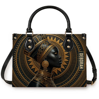 A premium personalized tote bag featuring an elegant African queen art design with the custom name Deborah in gold.