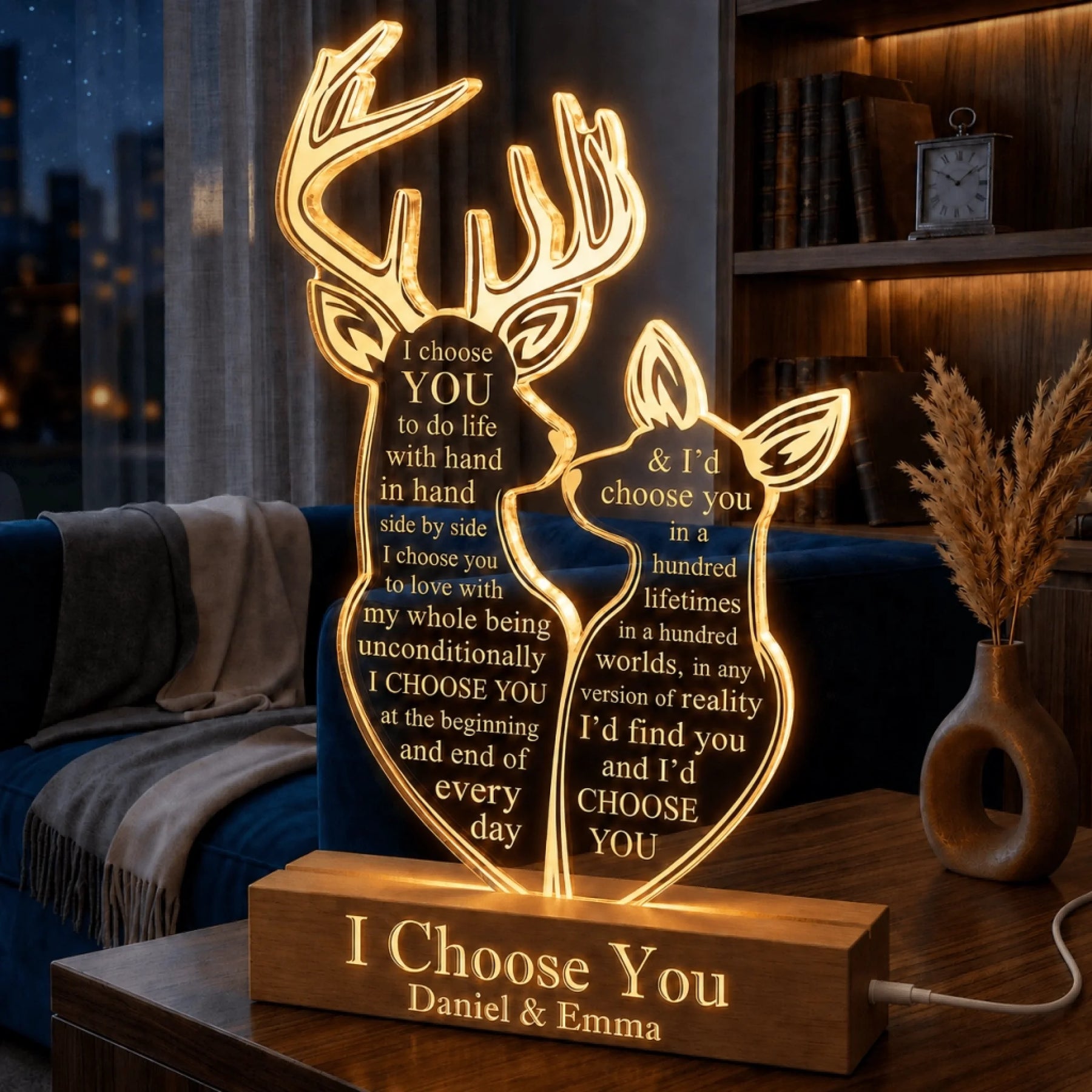 Romantic deer-themed acrylic LED night light with custom names and heartfelt love quote, an ideal personalized gift.