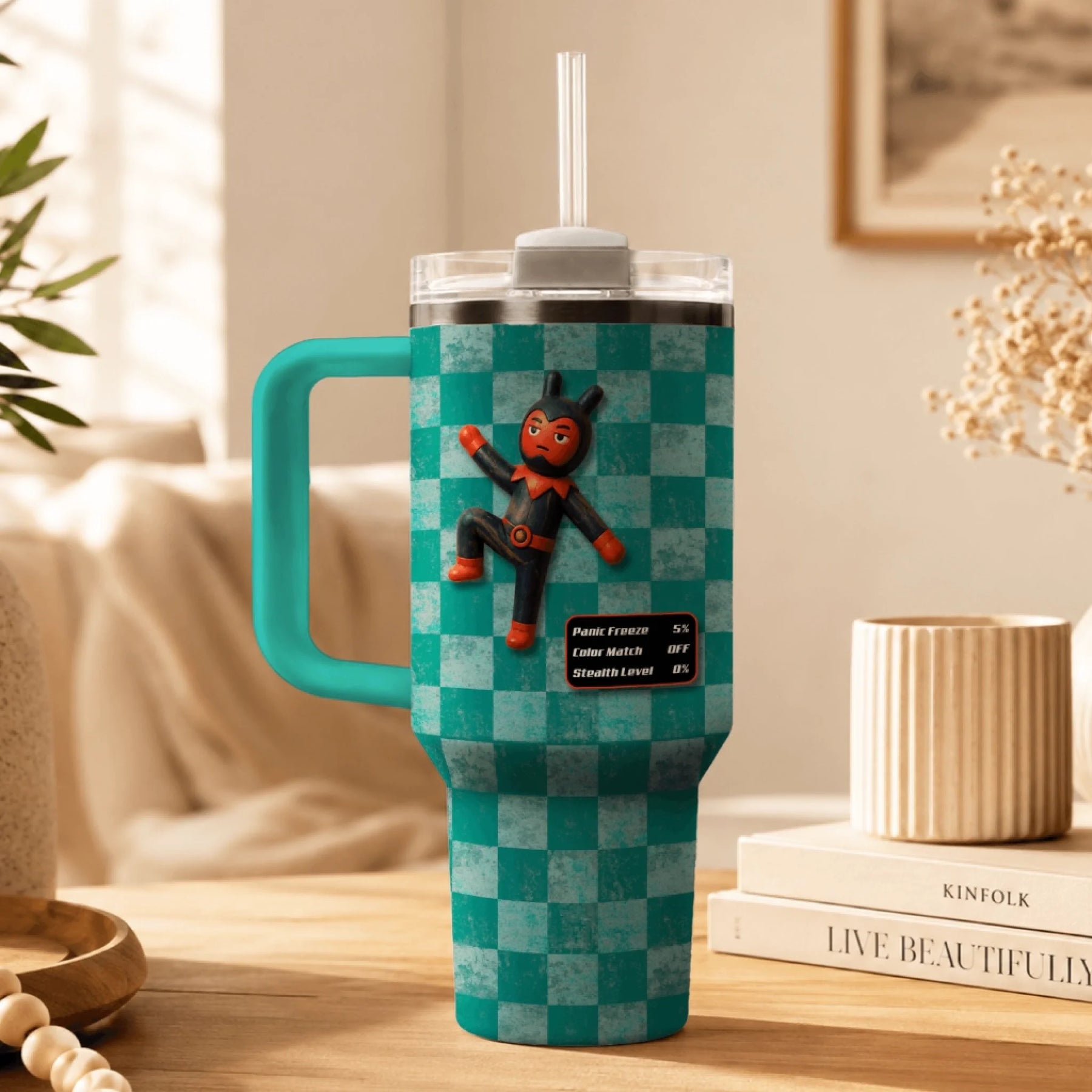 Custom gaming tumbler featuring a small red and black devil character on a teal checkered background