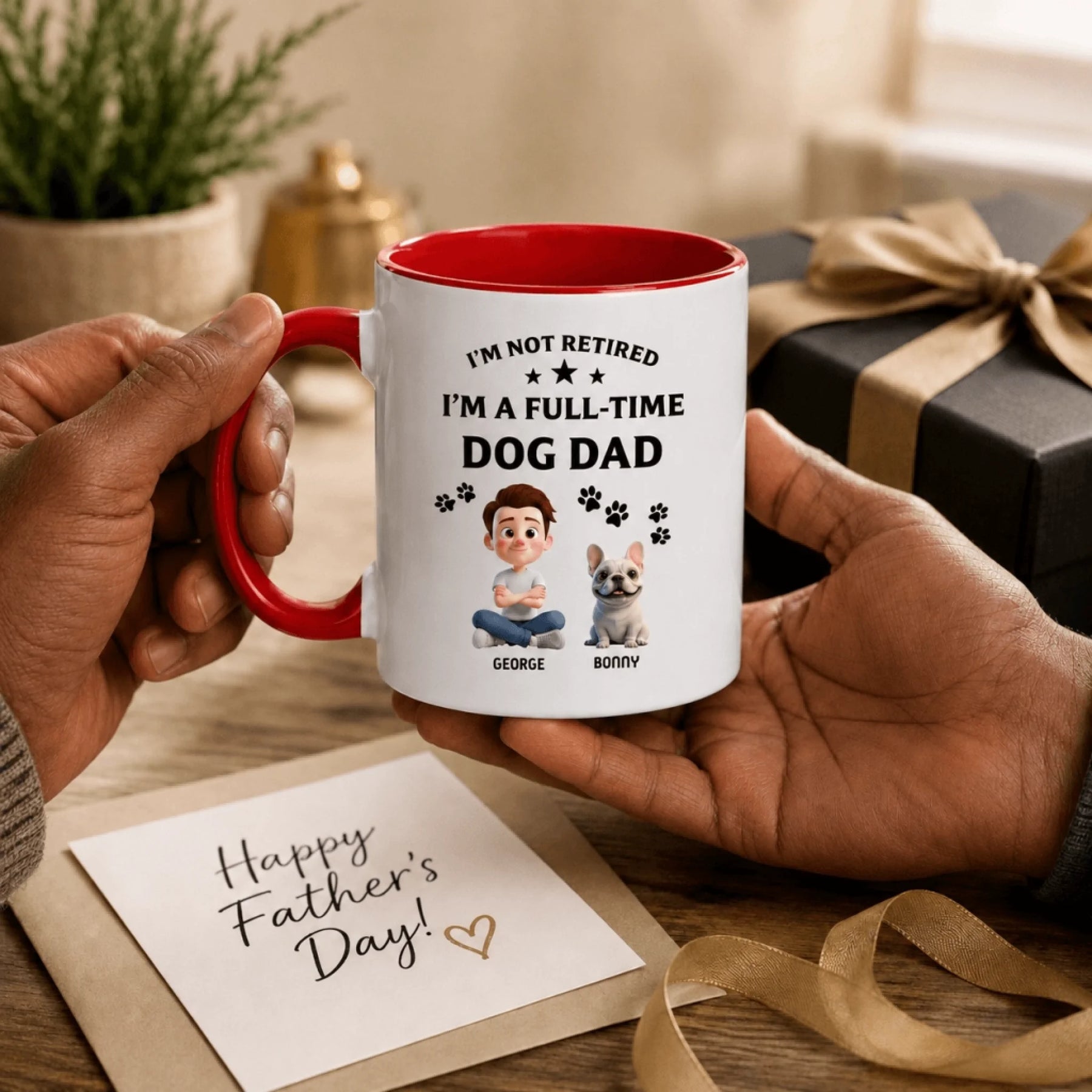 A personalized mug held in hands featuring a custom dog dad illustration and Happy Father's Day greeting card.