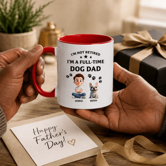A personalized mug held in hands featuring a custom dog dad illustration and Happy Father's Day greeting card.