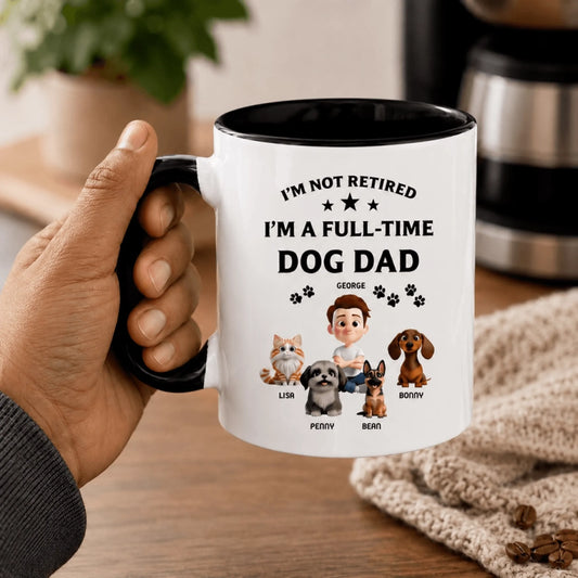 A personalized dog dad mug featuring a custom illustration of a man and his pets with names for a Father's Day gift.