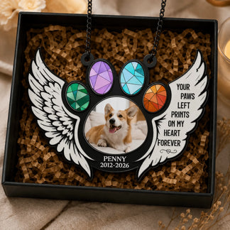 Customized dog memorial gift set in a box with a stained glass style paw print, angel wings, and a sentimental poem for lost pets.