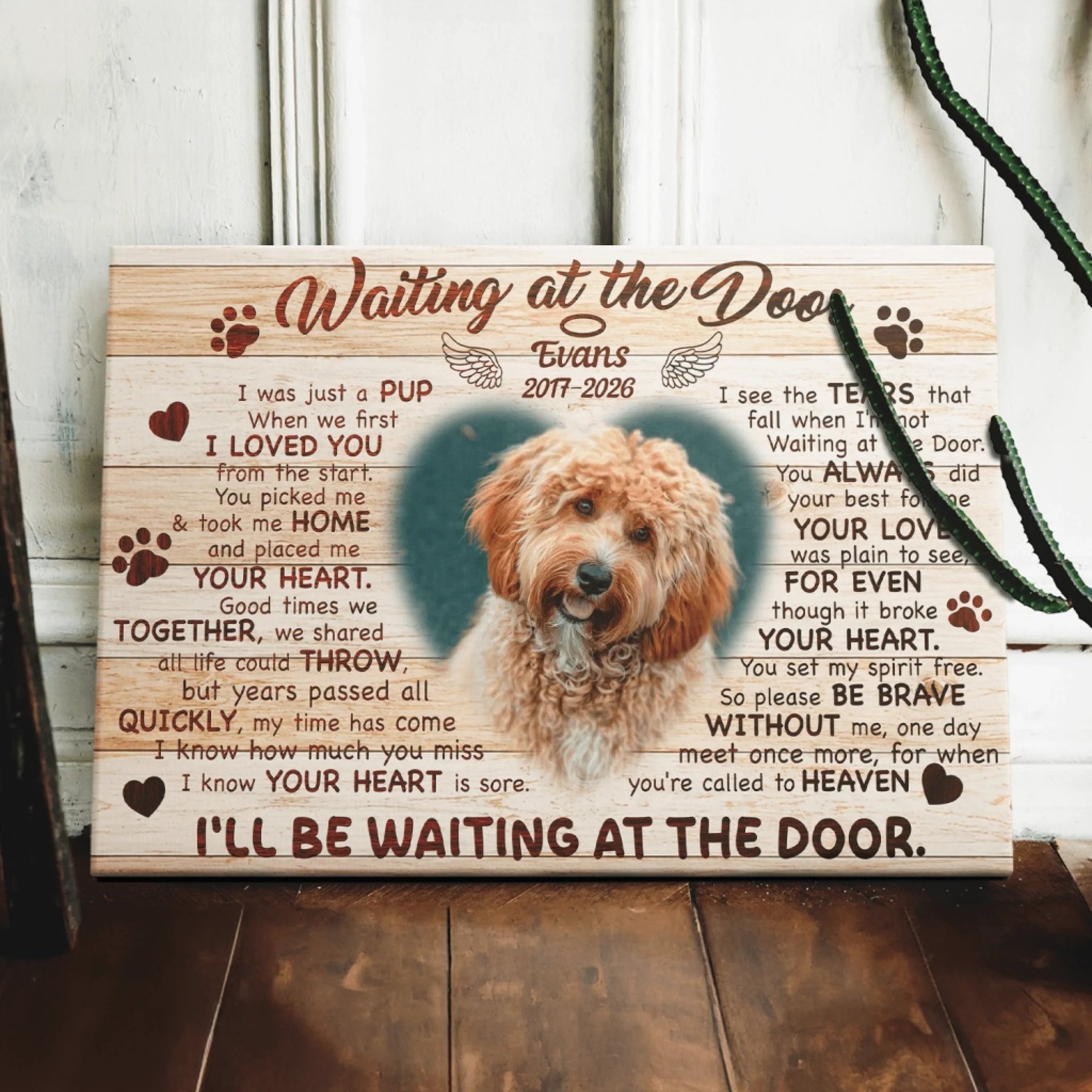 Customized pet memorial canvas with a heartfelt poem and pet photo perfect for grieving owners of beloved dogs.