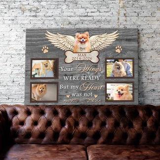 Customized dog loss wall decor canvas featuring angel wings, four photos, and a memorial quote for pet comfort.